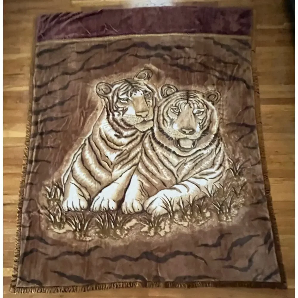Vintage Queen Tiger Animal Plush Acrylic Korean Mink Reversible Blanket Sz 89x77